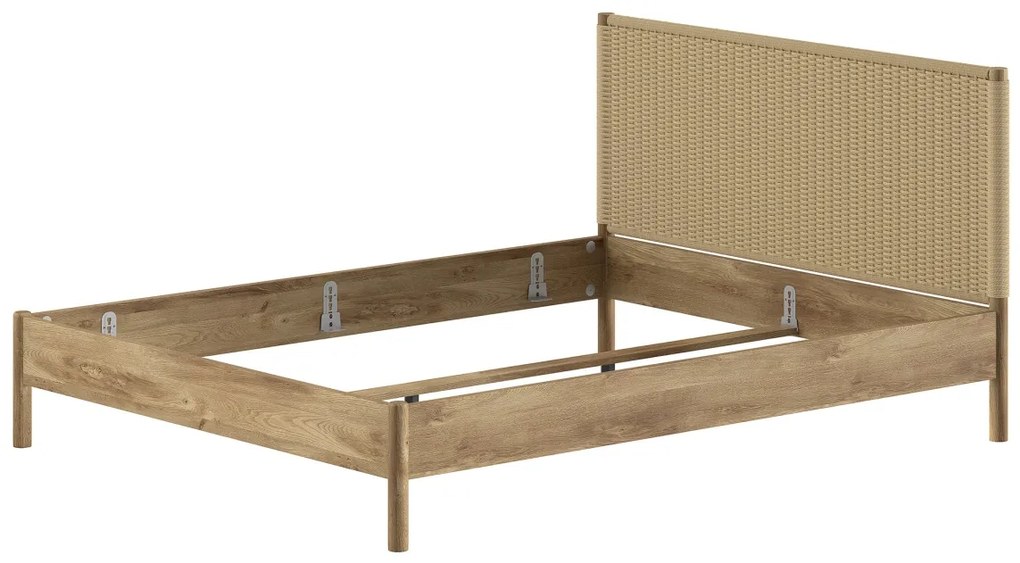Pat dublu OLIVE, 160 x 200 cm, cu tăblie din lemn cu aspect de stejar și detalii din sfoară împletită, design modern, fără somieră inclusă, cu