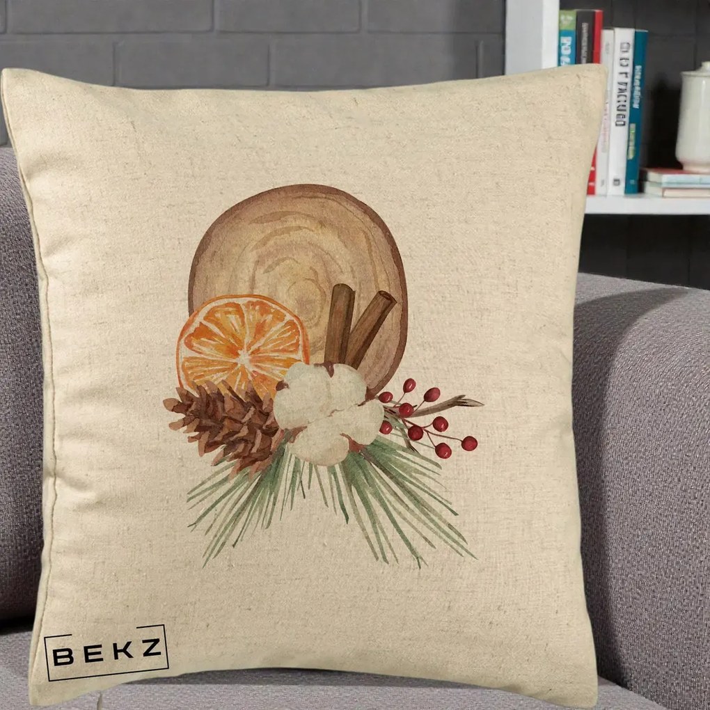 Perna Decorativa Aranjament de Craciun Nordic, 40x40 cm, Bej, Husa Detasabila, Perna Inclusa, BEKZ®