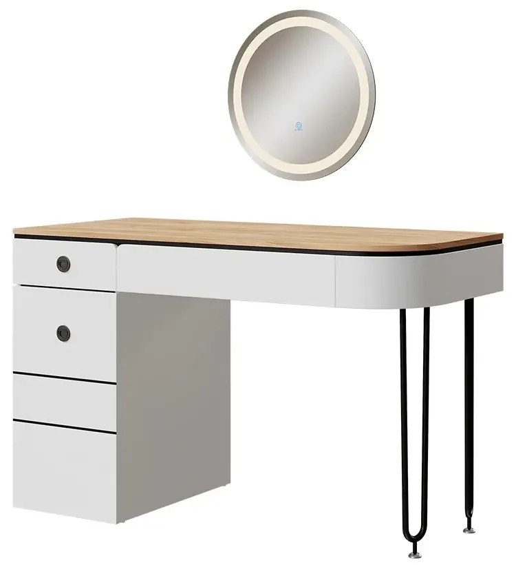 SEA808 - Set Masa toaleta 120 cm, cosmetica, machiaj, oglinda cu LED, masuta vanity - Alb - Negru - Culoarea Stejar