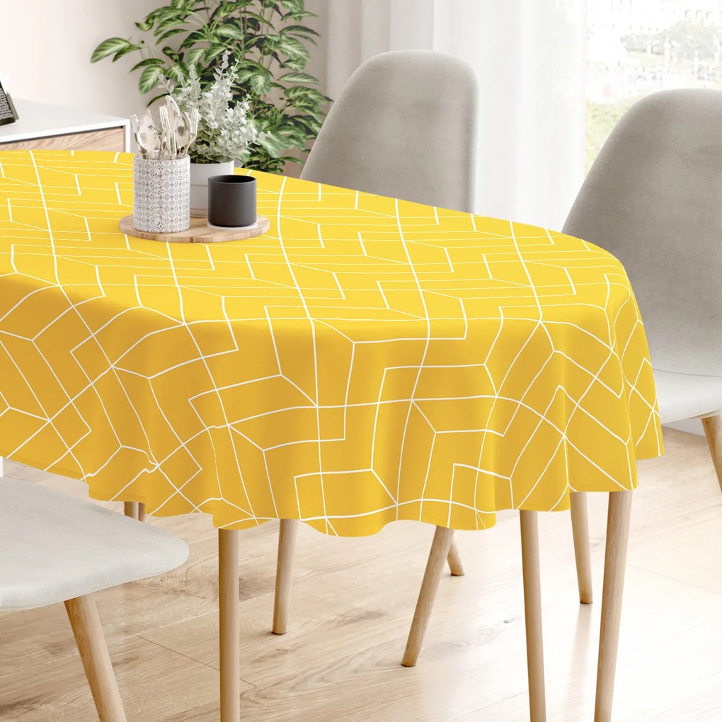 Goldea față de masă 100% bumbac - mozaic galben - ovală 120 x 160 cm