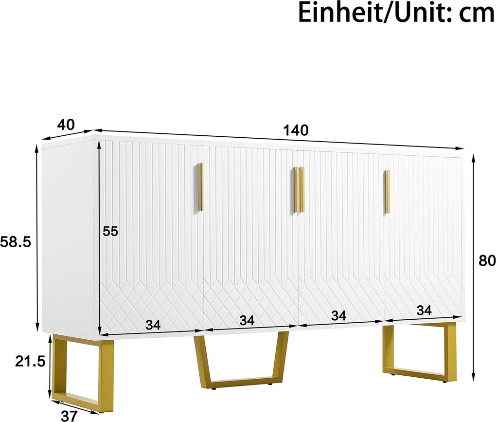 Bufet cu 4 uși, mânere și picioare din metal, spațiu mare de depozitare, 140x40x80 cm, Alb