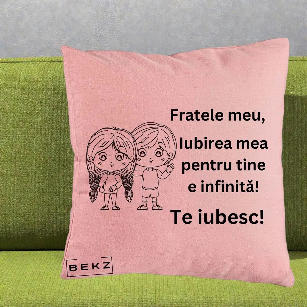 Cadou pentru Frate - Perna Personalizata Fratele Meu Te Iubesc Copii Anime Line Art Negru, 40x40 cm, Roz, Husa Detasabila, Perna Inclusa, BEKZ®