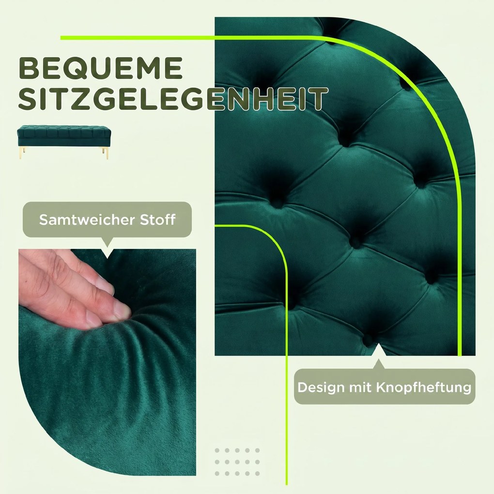 HOMCOM Bancă Hol, cu Husă Capitonată din Catifea cu Picioare Metalice pentru intrare, dormitor sau sufragerie, 118x45x42 cm, Verde | Aosom Romania