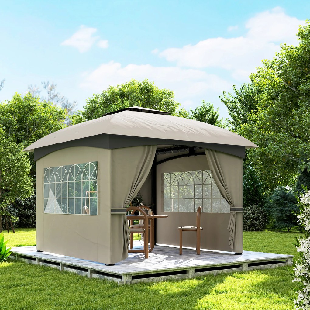 Outsunny Pavilion de grădină 3,4 x 3,4 m, Cort de bere cu acoperiș ventilat, ferestre arcuite, cadru din oțel, Gri deschis | Aosom Romania
