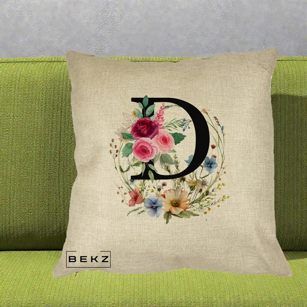 Cadou Personalizat - Perna Personalizata Monogram Litera D cu Flori Acuarela, 40x40 cm, Crem, Husa Detasabila, Perna Inclusa, BEKZ®