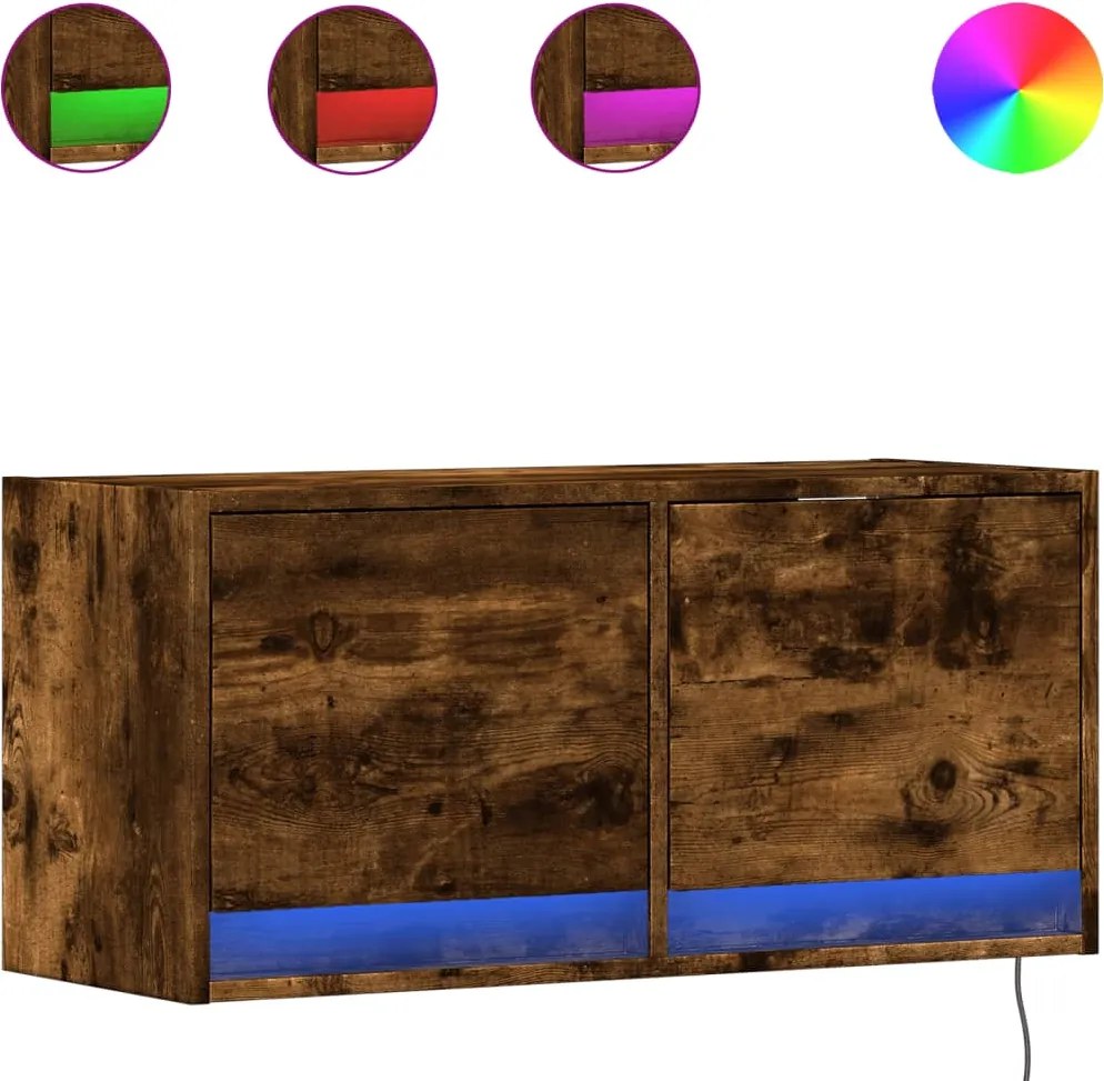 vidaXL Comodă TV de perete cu lumini LED, stejar fumuriu, 80x31x38 cm
