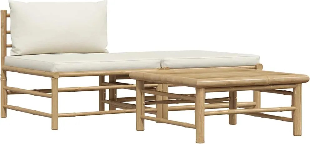 vidaXL Set mobilier de grădină, cu perne alb crem, 3 piese, bambus