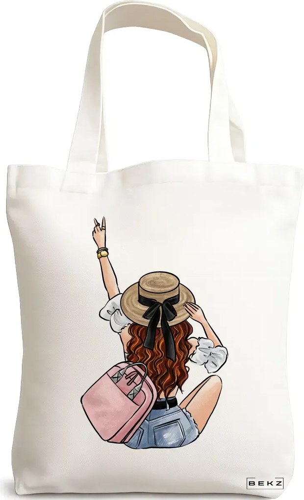 Sacosa de Panza pentru Cumparaturi, Geanta Tote Travel Girl 8, 38x34.5 cm, Alba, BEKZ®