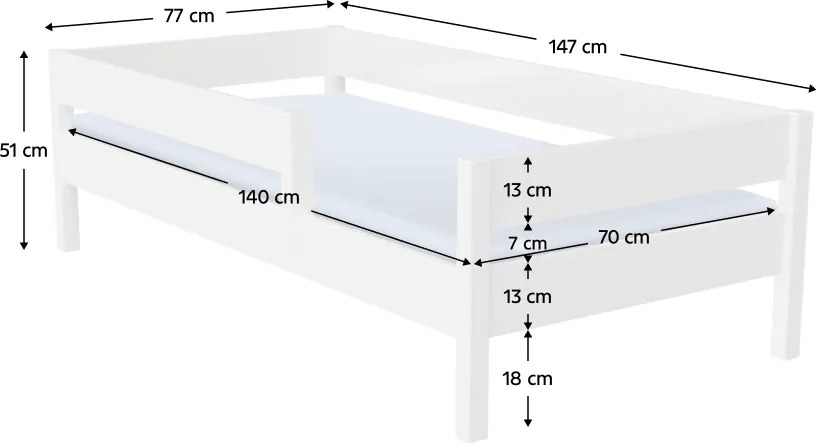 Pat pentru copii cu barieră, alb, 70x140, MIX