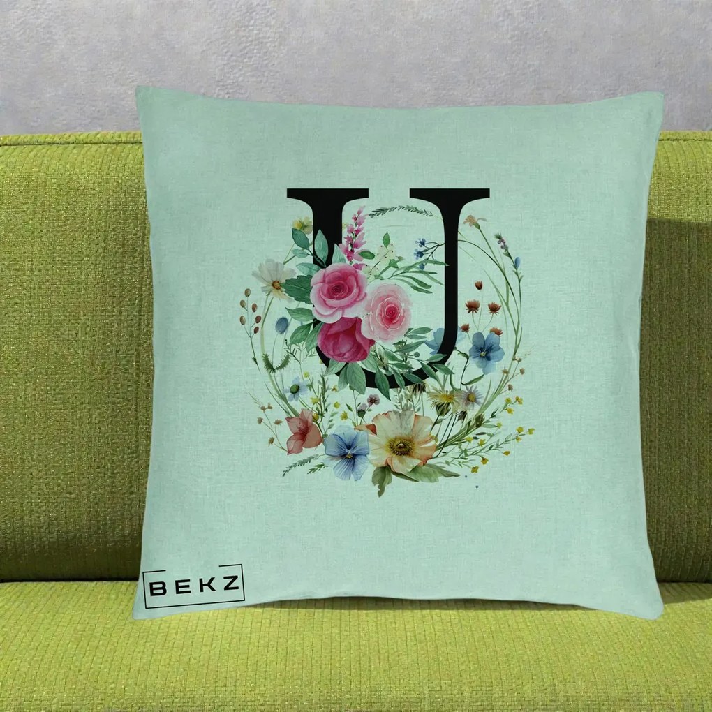 Cadou Personalizat - Perna Personalizata Monogram Litera U cu Flori Acuarela, 40x40 cm, Verde Menta, Husa Detasabila, Perna Inclusa, BEKZ®