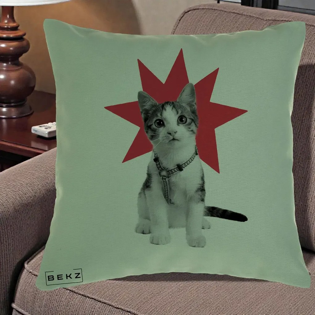 Perna Decorativa Pisica Star Pop Art, 40x40 cm, Verde, Husa Detasabila, Perna Inclusa, BEKZ®
