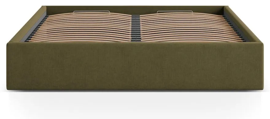 Pat matrimonial verde tapițat cu spațiu de depozitare/fără tăblie cu somieră 200x200 cm Susan – Micadoni