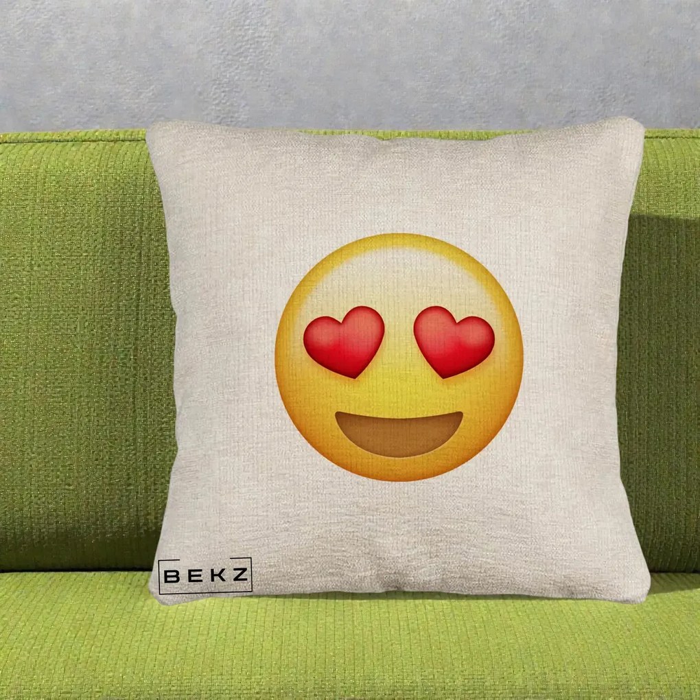 Perna Decorativa Emoji Inimi in Ochi, 40x40 cm, Bej Canapea, Husa Detasabila, Perna Inclusa, BEKZ®