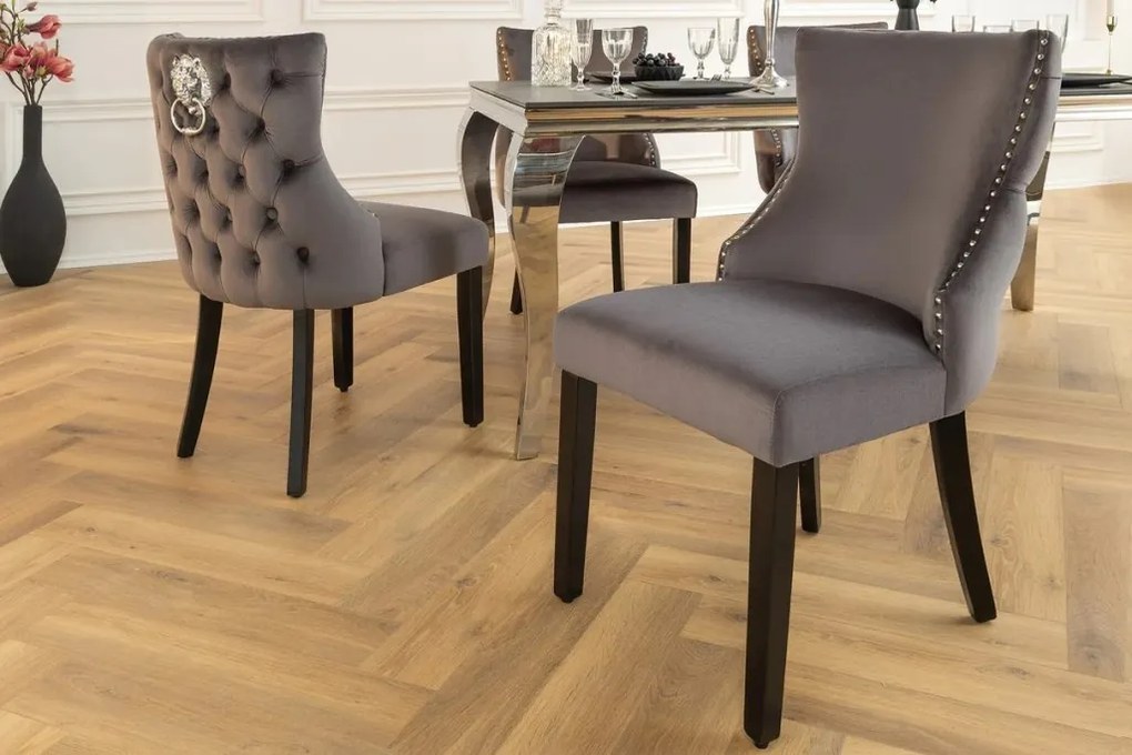 Set 2 scaune Stil Baroc, Catifea, Gri, Lemn, Negru, CASTLE DELUXE