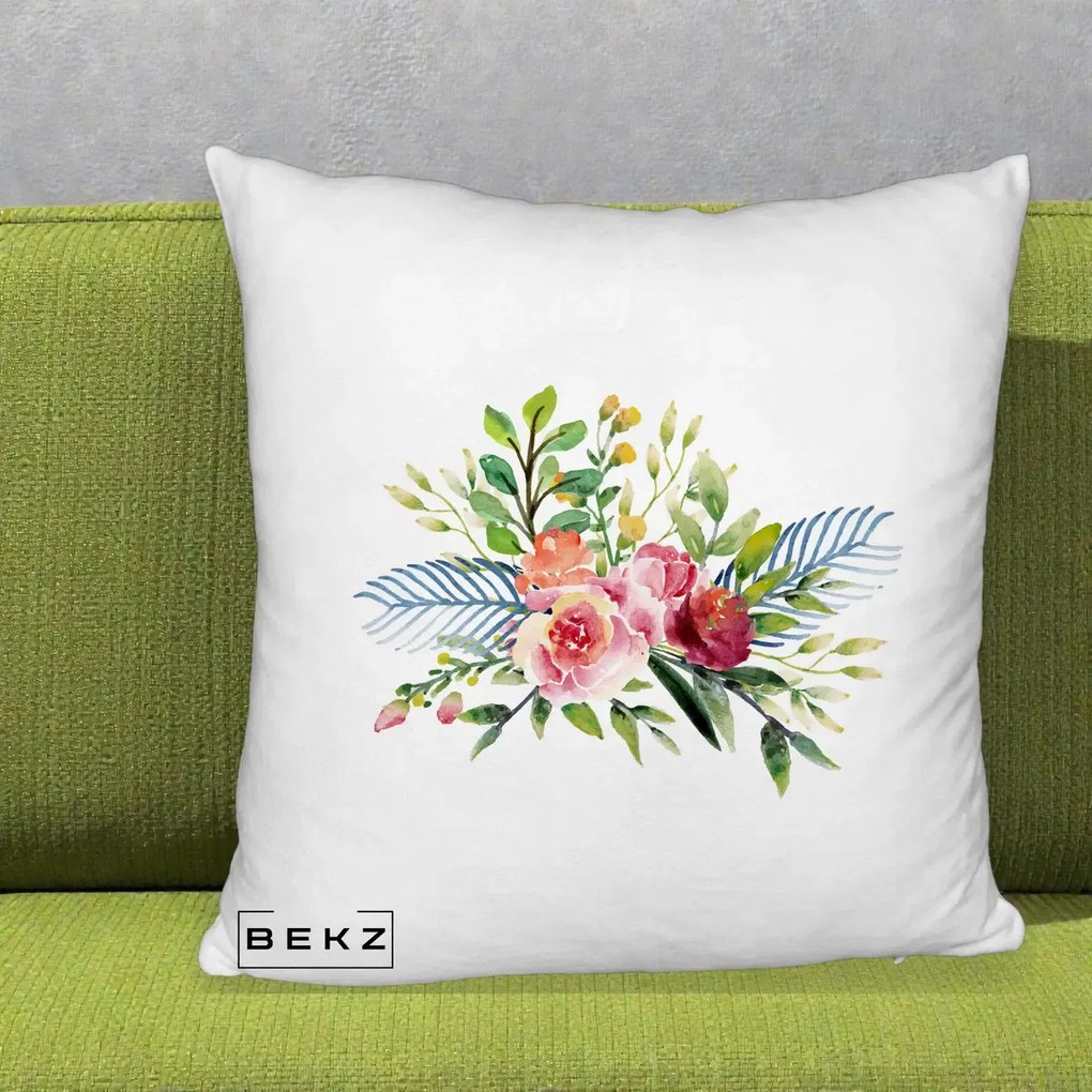 Perna Decorativa Buchet Flori Acuarela Roz-Verde, 40x40 cm, Alb Pufos, Husa Detasabila, Perna Inclusa, BEKZ®