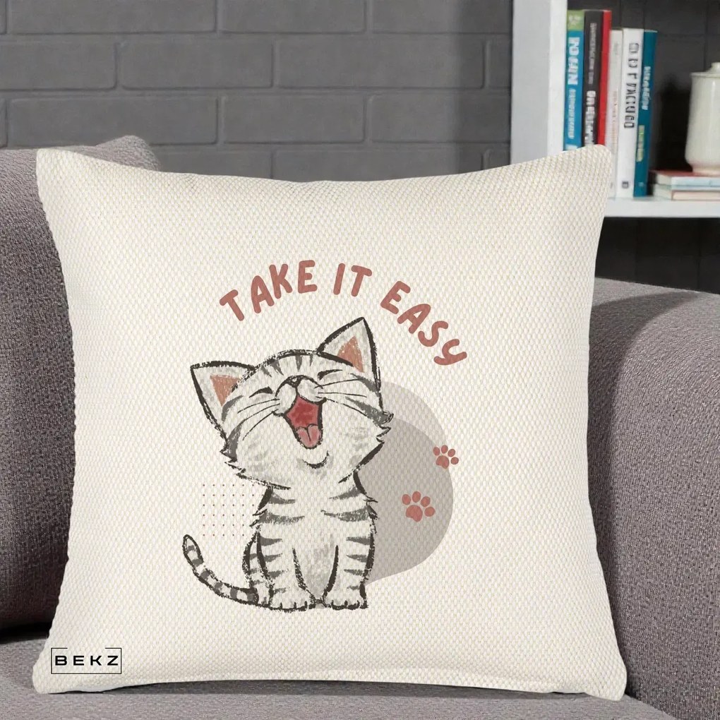 Perna Personalizata Take It Easy Cat, 40x40 cm, Crem Reliefat, Husa Detasabila, Perna Inclusa, BEKZ®