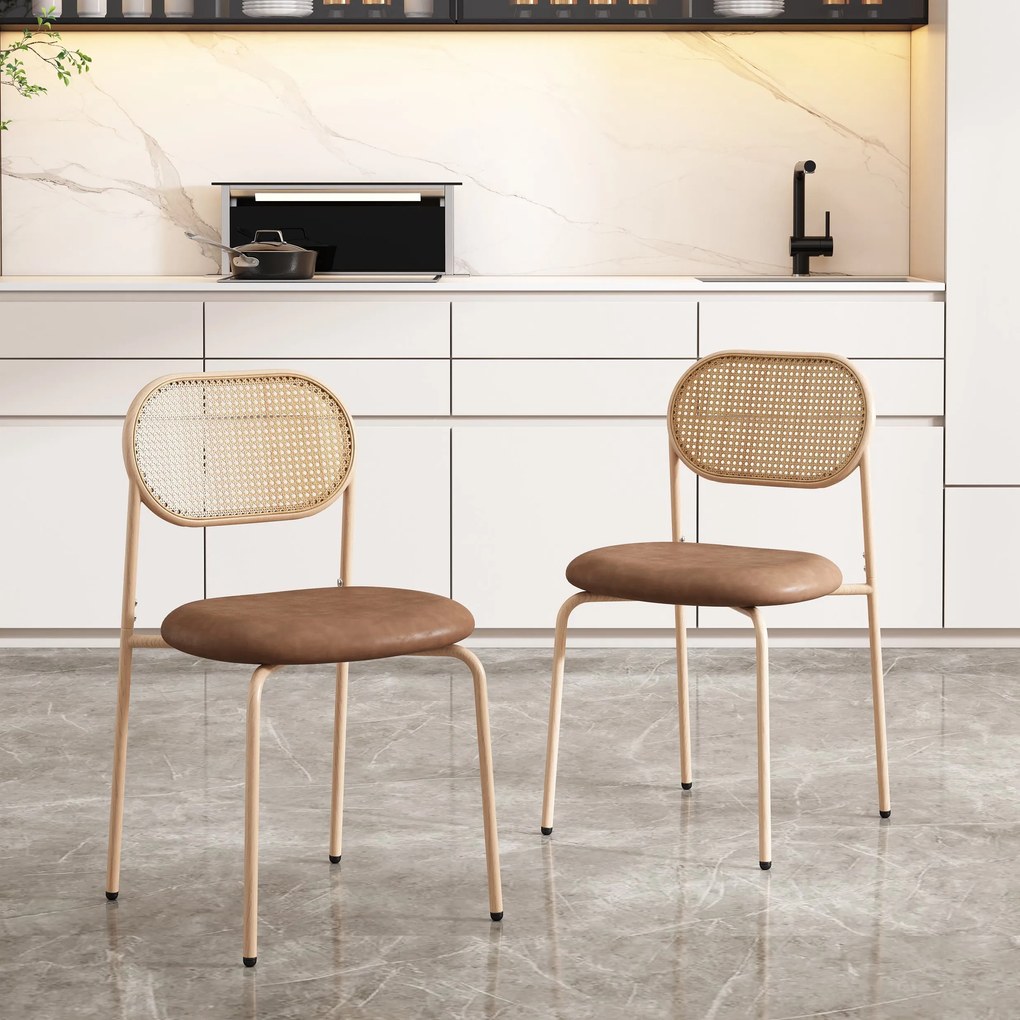 Set de 2 scaune de dining moderne din ratan cu cadru metalic, 56x52x27 cm, Maro
