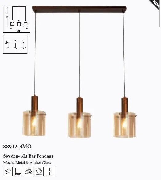 Lustra suspendata metal mocha, sticla amber Sweden 3L