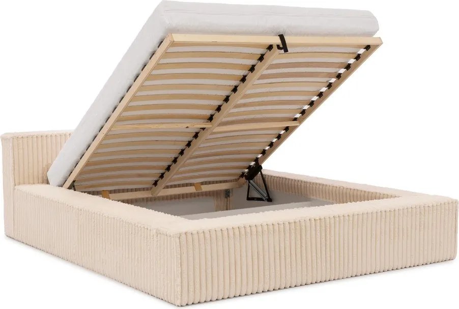 Pat matrimonial bej tapițat cu spațiu de depozitare cu somieră 140x200 cm Cloe – Ropez