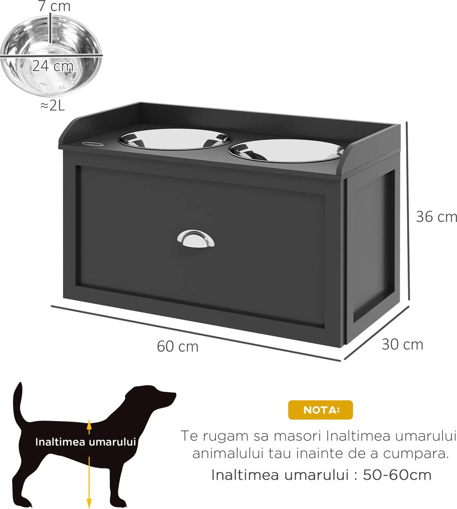 PawHut Boluri Înălțate pentru Câini din Lemn cu Sertar pentru Obiecte, 60x30x36 cm, Negru | Aosom Romania