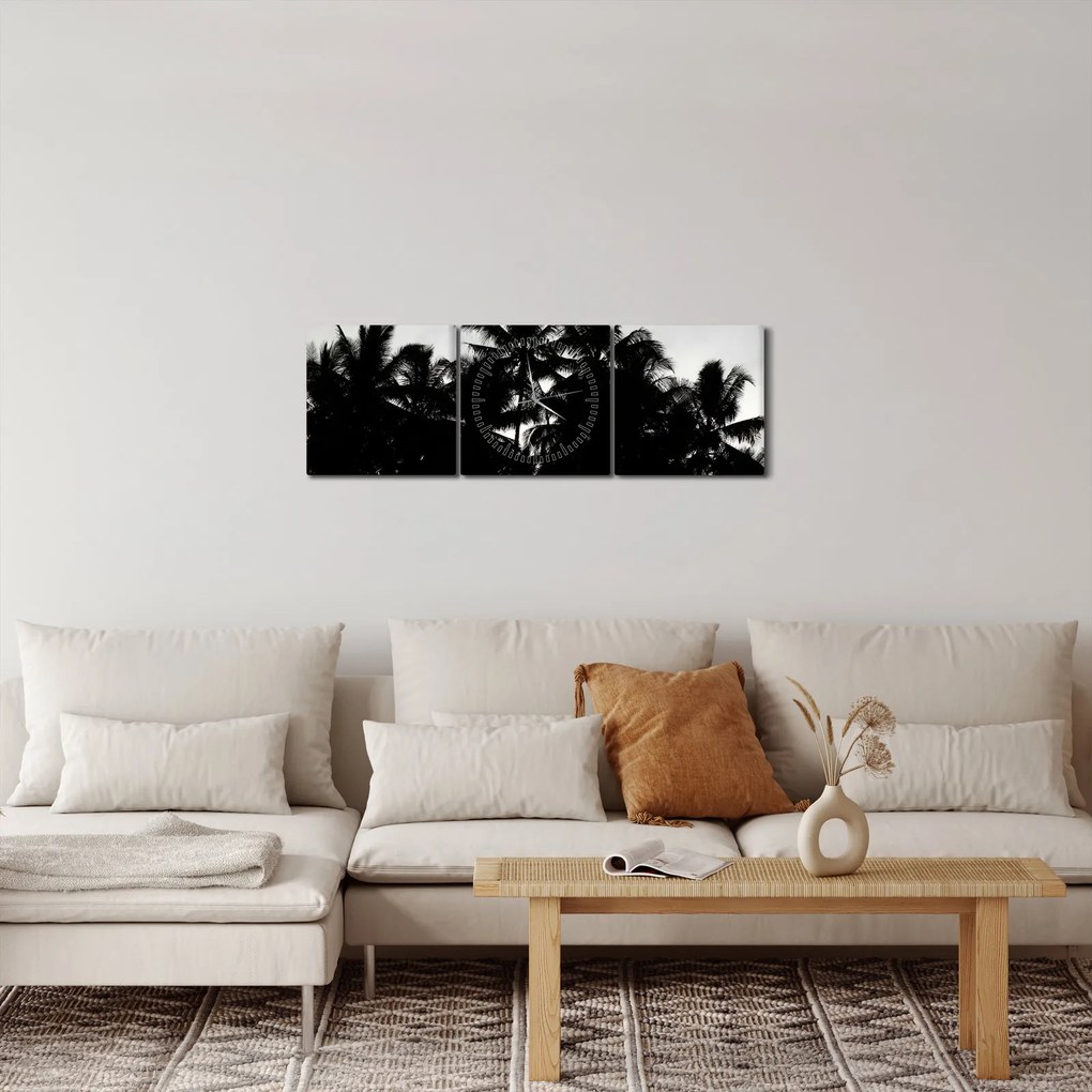 Tablou alb negru - palmieri (cu ceas) (90x30 cm)