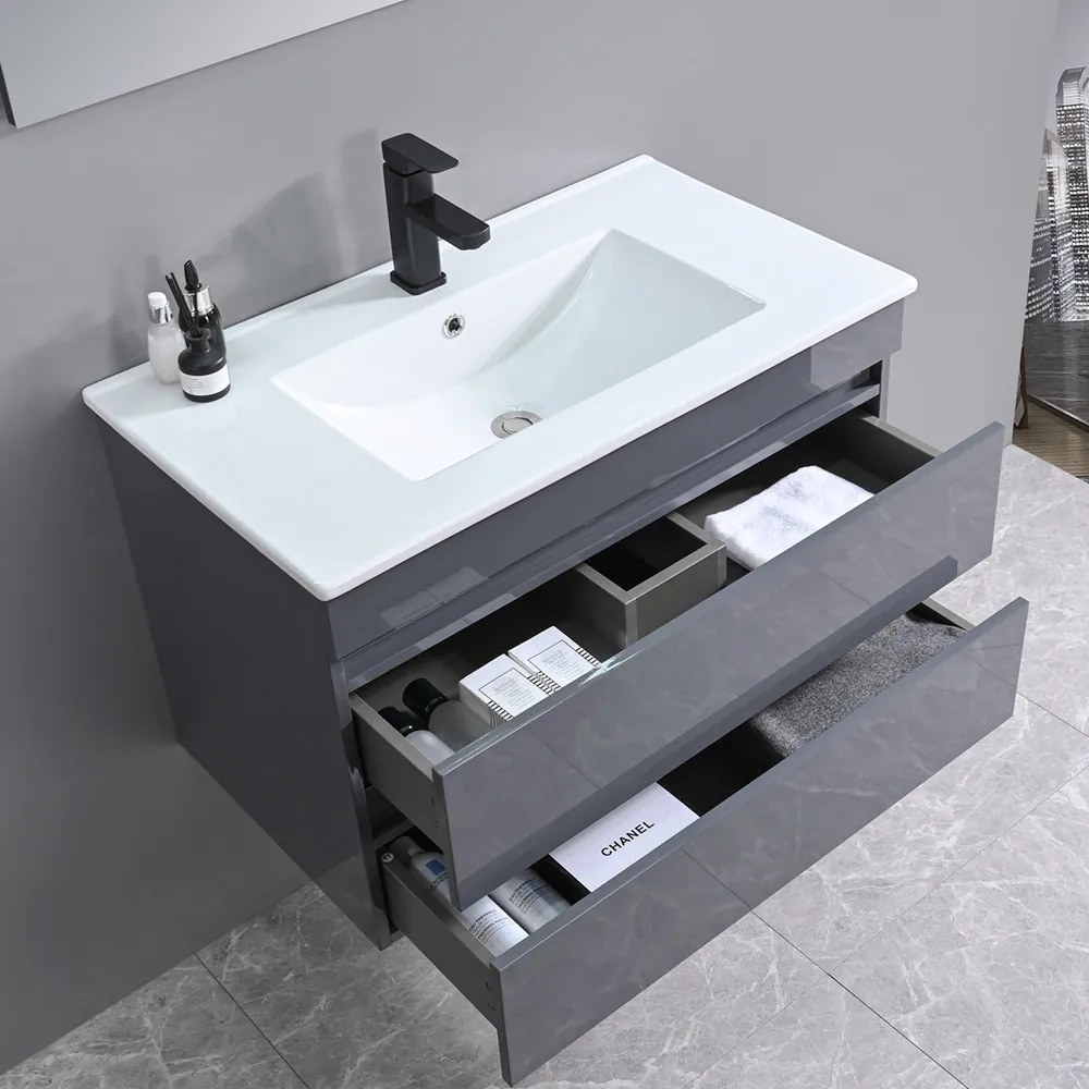 Mobilier de baie Cube, chiuvetă ceramică 80 cm, oglindă cu 2 sertare, 60x80 cm, gri antracit