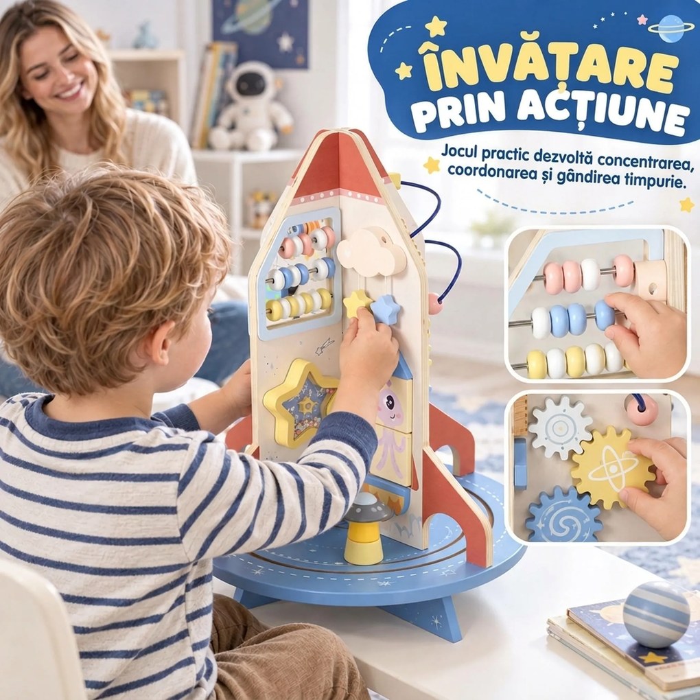 AIYAPLAY Masă Educativă Montessori pentru Copii din Lemn, cu Tematică Rachetă, Traseu de Bile, Angrenaje și Abac | Aosom Romania
