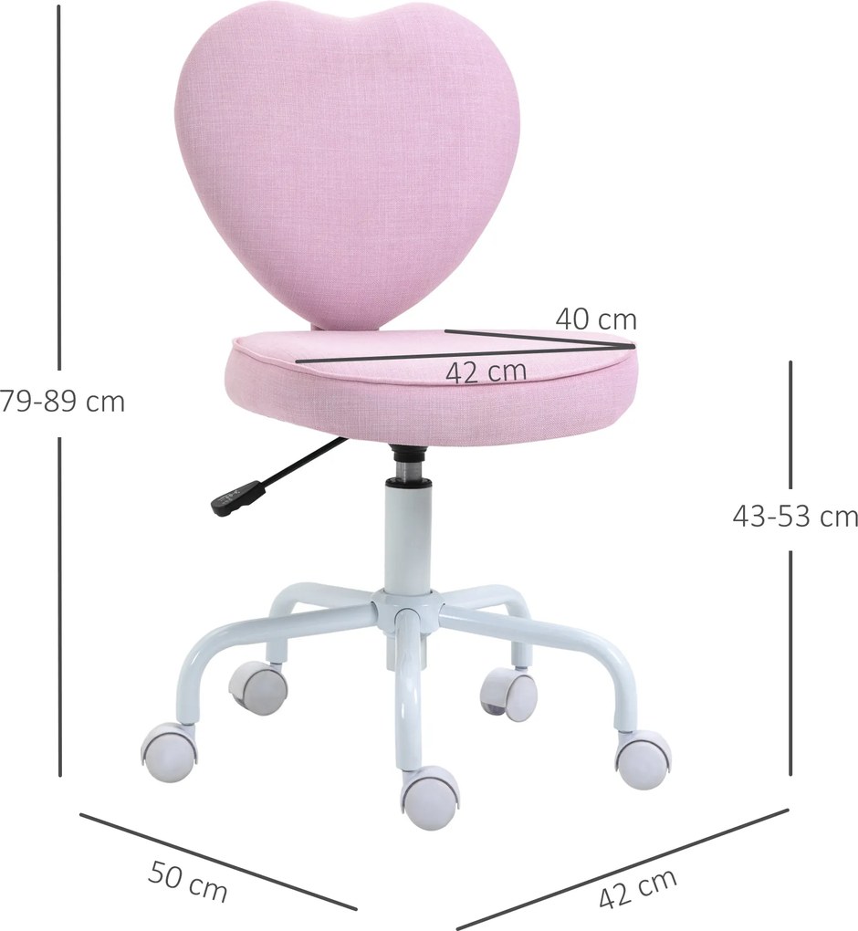 HOMCOM Scaun de Birou în Formă de Inimă, Bază cu 5 Roți, Înălțime Reglabilă, 40x50x79-89 cm, Roz | Aosom Romania