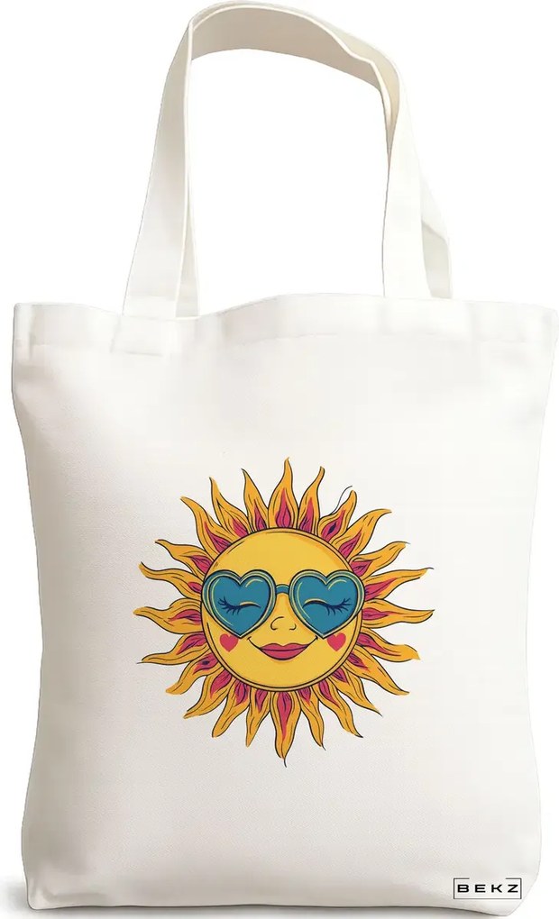 Sacosa de Panza pentru Cumparaturi, Geanta Tote, model Sun faces 16 38 x 34.5 cm, Alba, BEKZ®