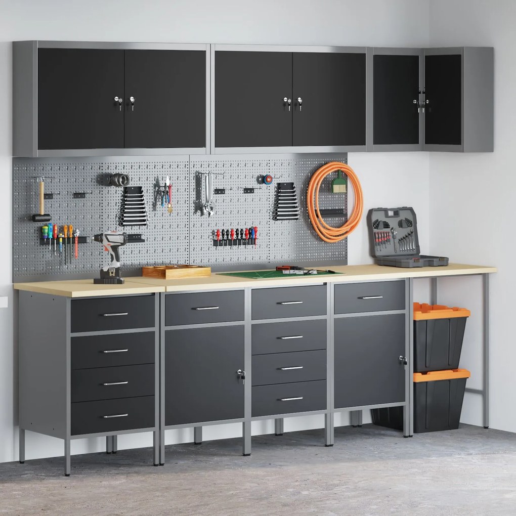vidaXL Set dulap lucru &amp; panou cârlige, 12 piese, negru, MDF &amp; metal