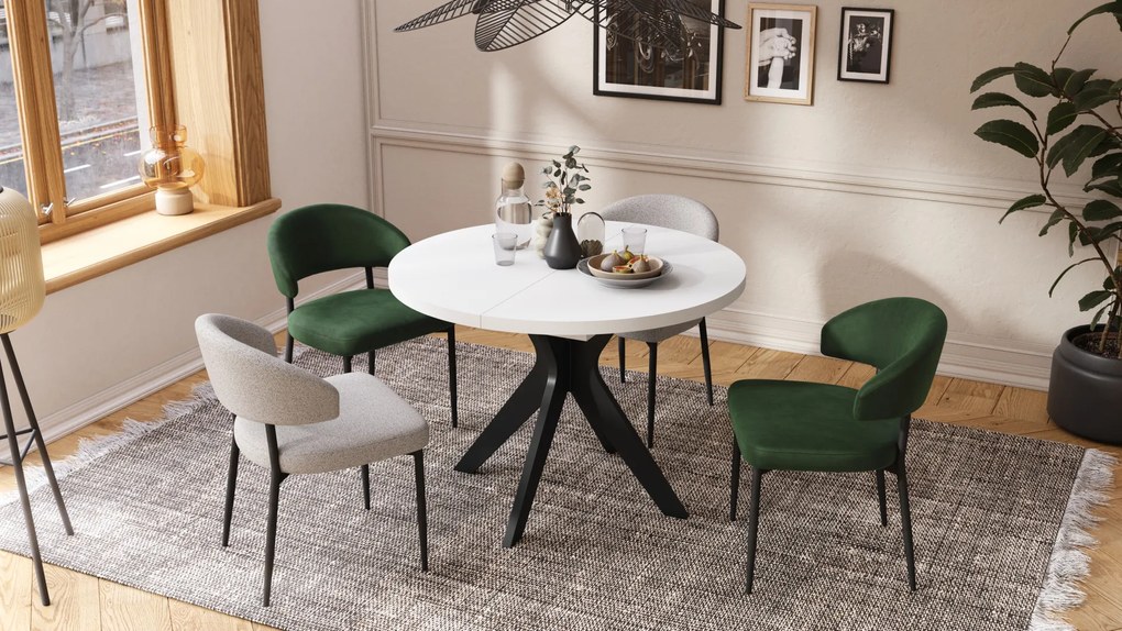 Mazzoni RENZO Alb/picior negru - MASĂ ROTUNDĂ Ø110 EXTENSIBILĂ PÂNĂ LA 180 cm | PENTRU BUCĂTĂRIE SUFRAGERIE LIVING RETRO