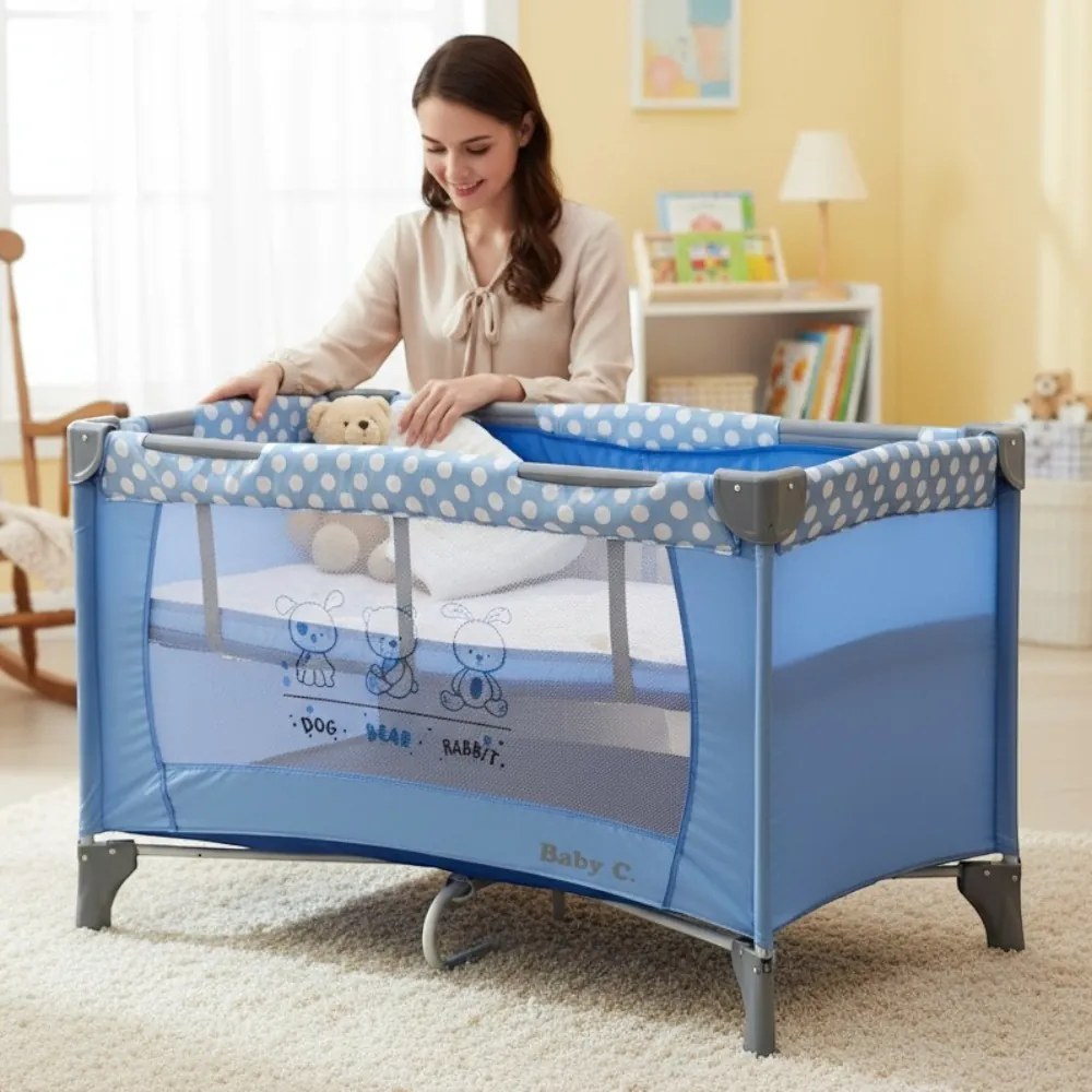 Patut Pliabil si Tarc copii Baby Care™ PRO FMG, 120X60 cm, 2 Niveluri de inaltime, Cu geanta transport inclusa, Plasa insecte, Albastru