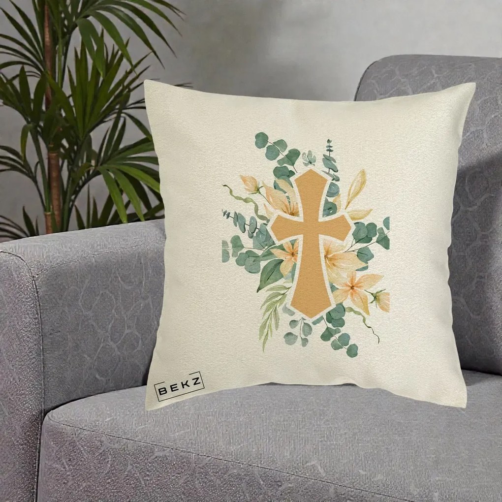 Perna Personalizata Cruce Florala Botez, 40x40 cm, Ecru, Husa Detasabila, Perna Inclusa, BEKZ®