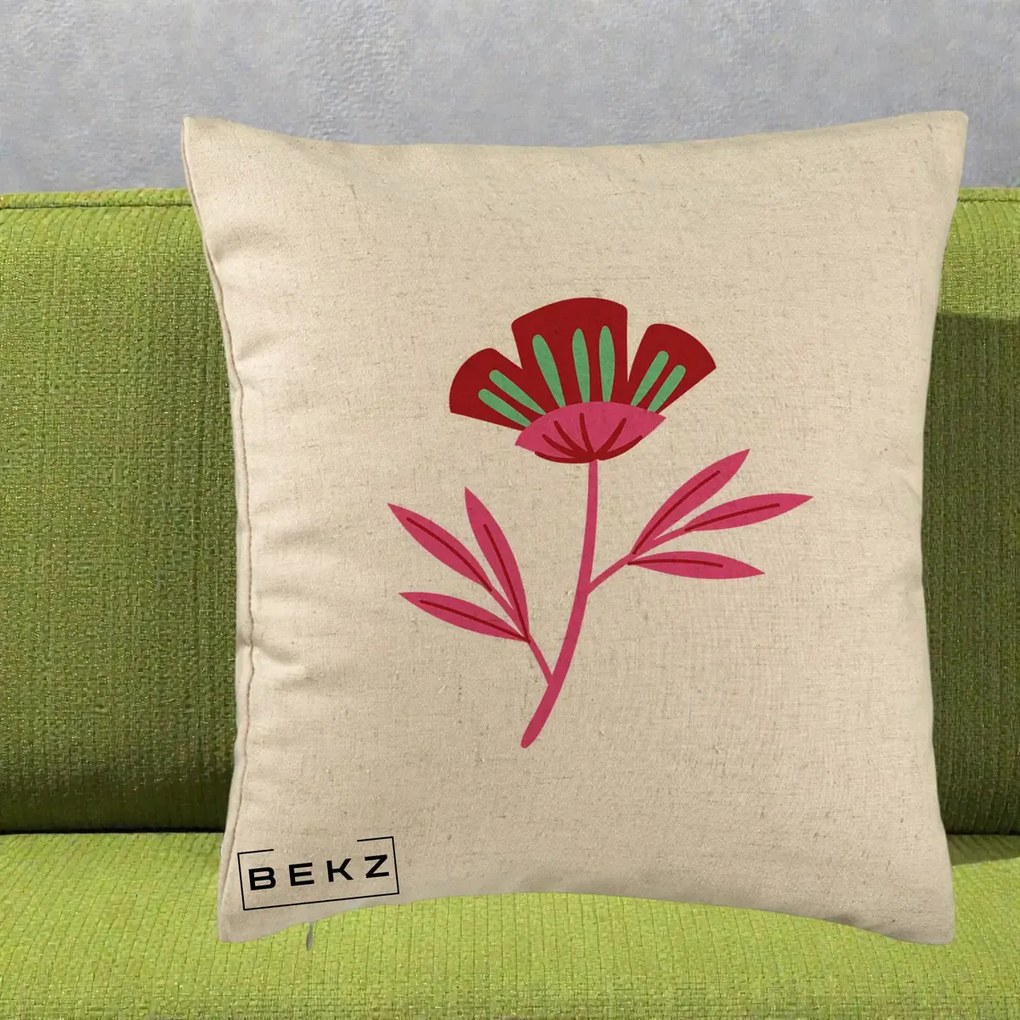 Perna Decorativa Floare Macul Roz-Rosu Grafic, 40x40 cm, Bej, Husa Detasabila, Perna Inclusa, BEKZ®