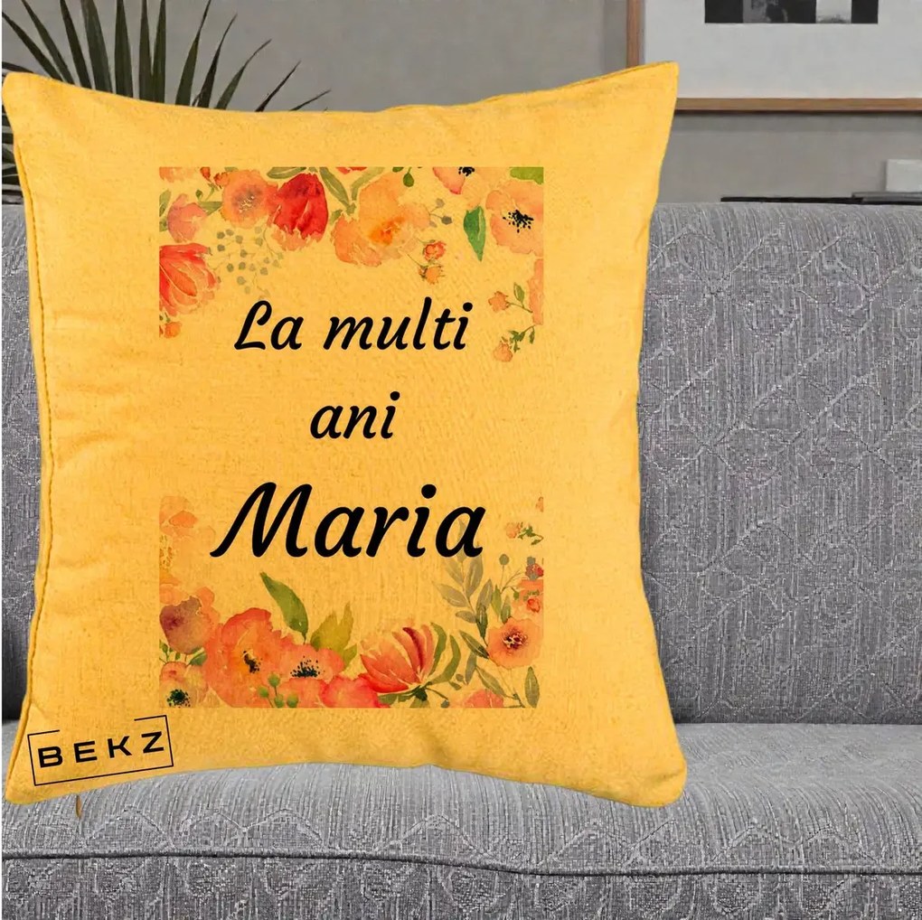 Cadou de Onomastica - Perna Personalizata La Multi Ani Maria Flori Acuarela, 40x40 cm, Galben, Husa Detasabila, Perna Inclusa, BEKZ®