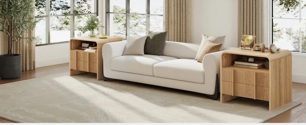 Set 2x Noptiere 55 x 40 x 60 cm, cu 2 sertare si raft, dormitor, Noptiere moderne cu Riflaj - NOM1
