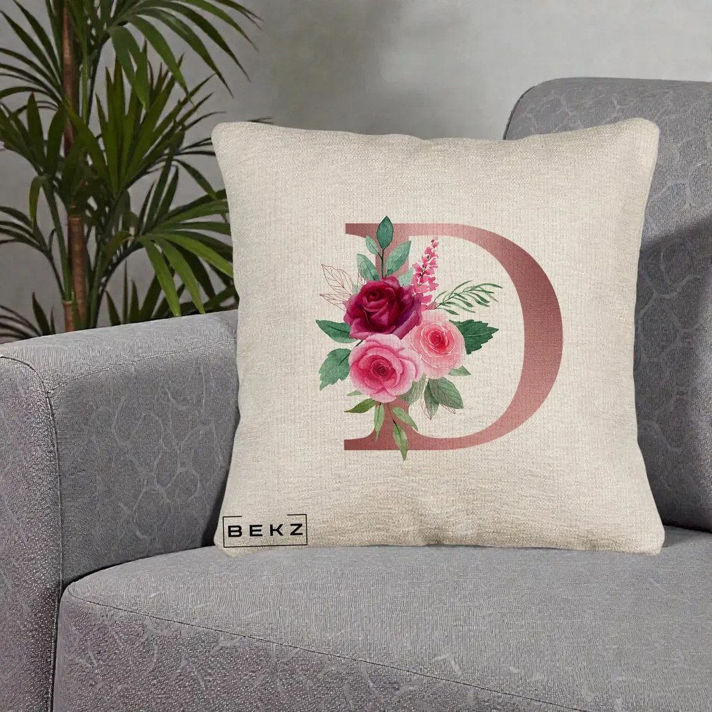 Cadou Personalizat - Perna Personalizata Monograma Rose Gold Litera D, 40x40 cm, Bej Canapea, Husa Detasabila, Perna Inclusa, BEKZ®