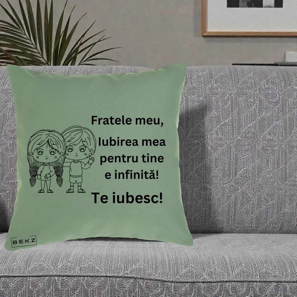 Cadou pentru Frate - Perna Personalizata Fratele Meu Te Iubesc Copii Anime Line Art Negru, 40x40 cm, Verde, Husa Detasabila, Perna Inclusa, BEKZ®