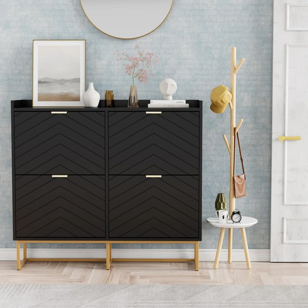 PANN5 - Pantofar 100 cm ingust, 4 compartimente, pantofare, depozitare pantofi, mobilier hol - Negru / Albastru / Gri - Auriu