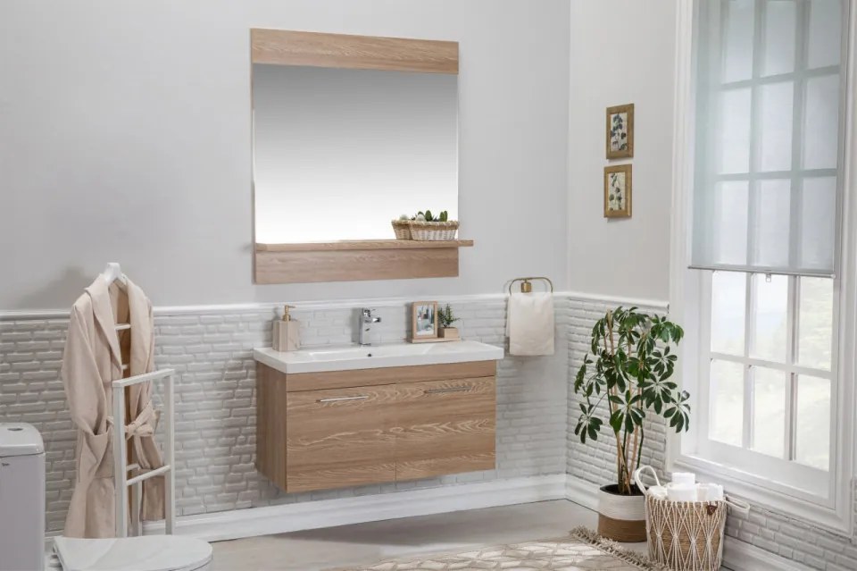 Set Mobilier Baie Sequoia 100, Include Baza Lavoar, Lavoar și Oglinda, 100 cm, Natural
