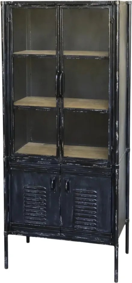 Dulap vitrină industrial din metal, negru, cu 2 uși vitrate, 2 uși cu jaluzele și 3 rafturi, finisaj antichizat, 140 x 60 x 38,5 cm, „Forge”