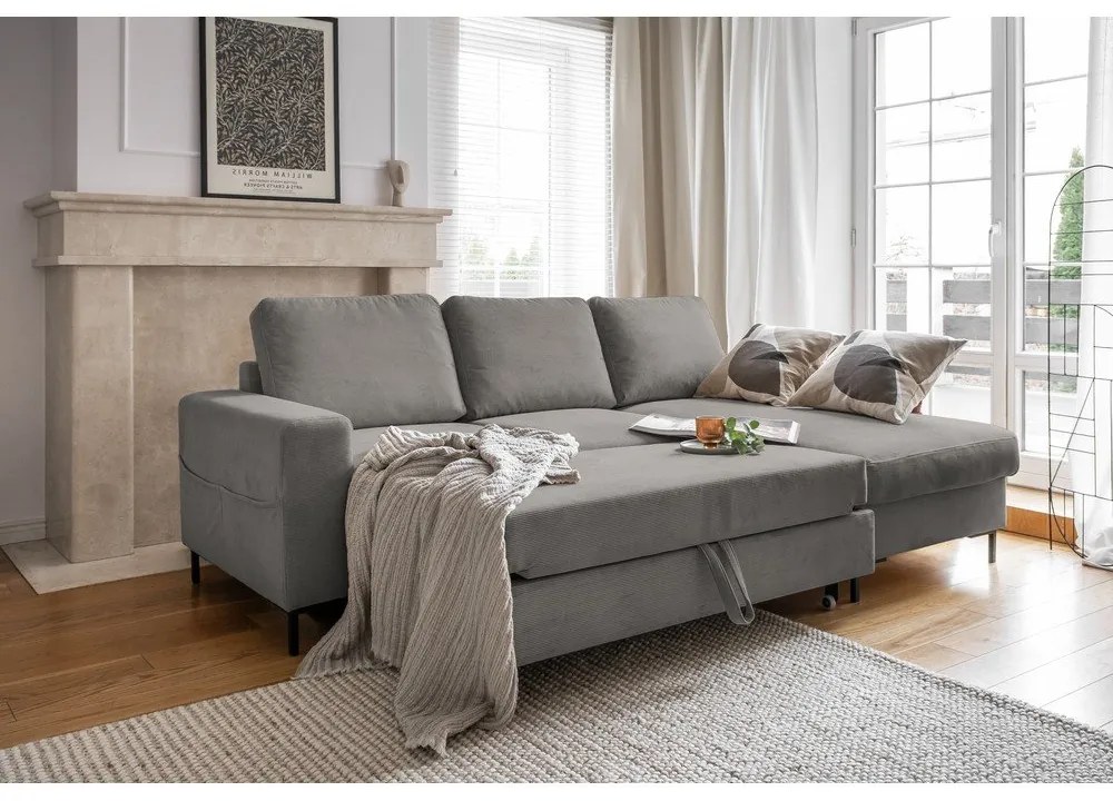 Colțar gri extensibil cu tapițerie din catifea reiată (cu colț pe partea dreaptă) Lofty Lilly – Miuform