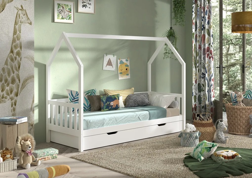 Pat‑căsuță 90 × 200 cm ALB cu balustradă și sertar – refugiu sigur și somn liniștit – gamă Dallas – Vipack