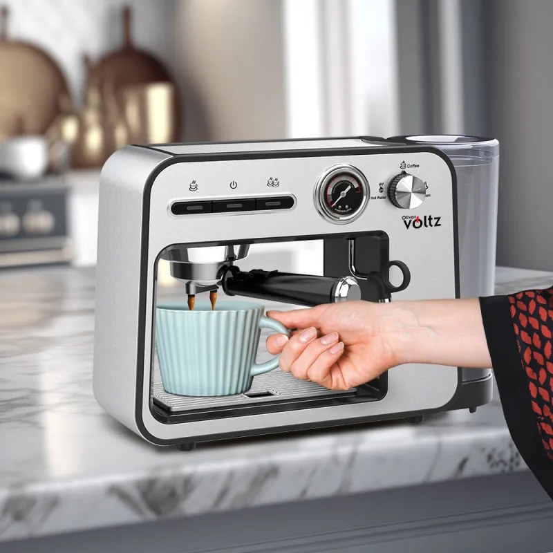 Espressor Oliver Voltz OV51171H, 1450W, 15 bar, 1L, Cafea macinata, Spumare lapte, Incalzire cesti, Inox