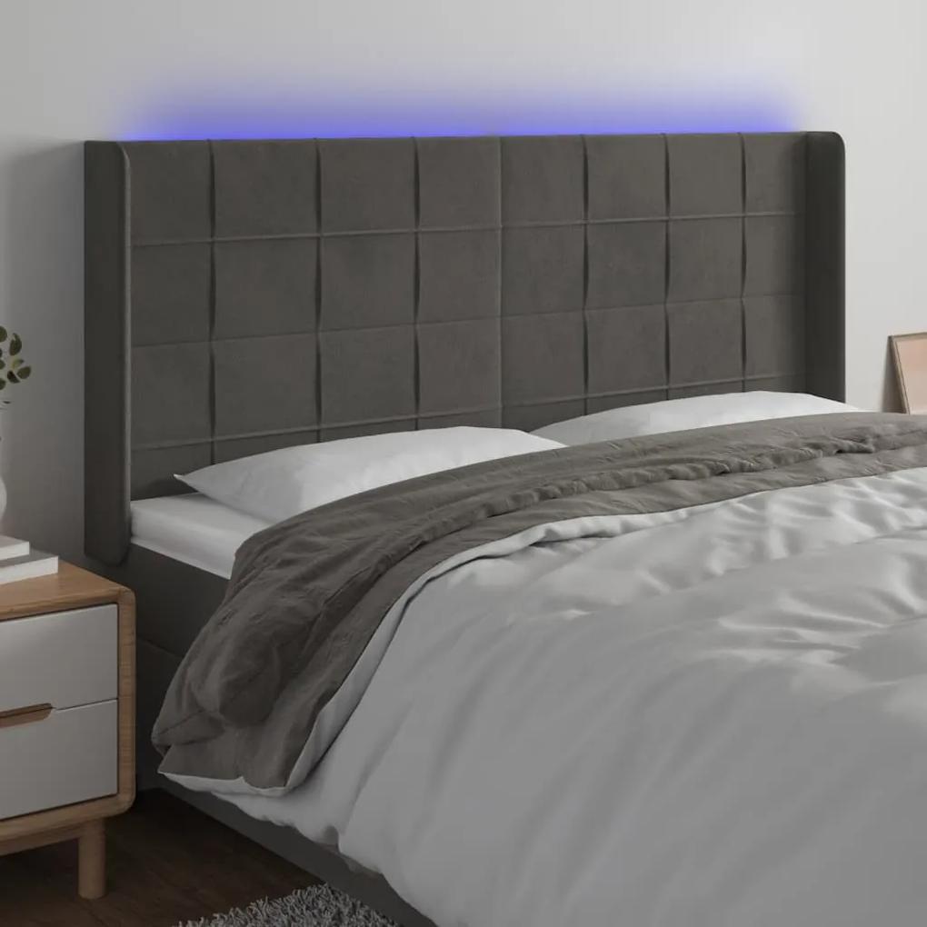 3124109 vidaXL Tăblie de pat cu LED, gri închis, 183x16x118/128 cm, catifea
