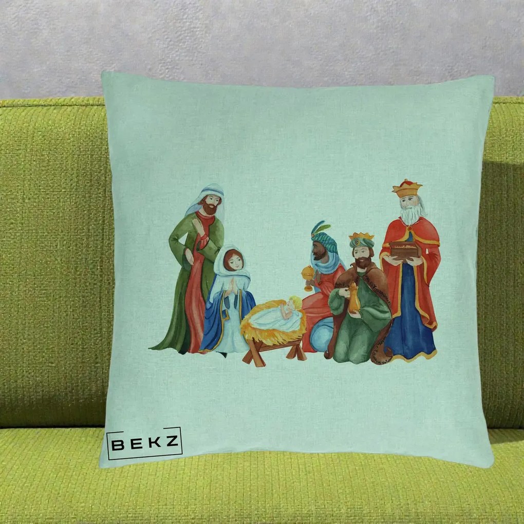 Perna Decorativa Nasterea Domnului Cei Trei Magi Acuarela, 40x40 cm, Verde Menta, Husa Detasabila, Perna Inclusa, BEKZ®