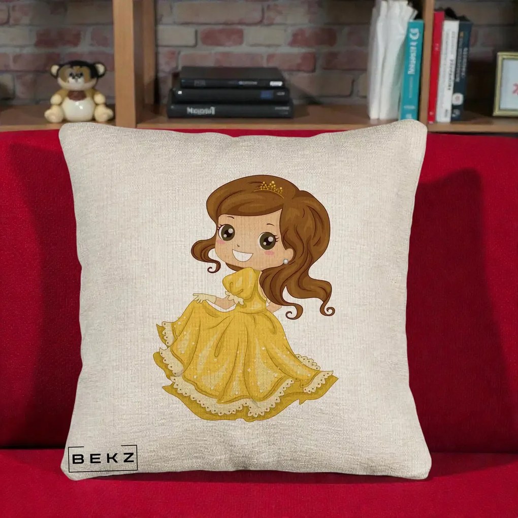 Perna Decorativa Printesa Bella Rochie Aurie, 40x40 cm, Bej Canapea, Husa Detasabila, Perna Inclusa, BEKZ®