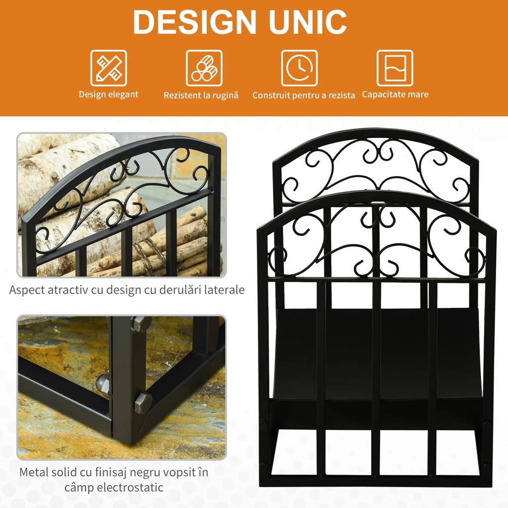 Suport pentru Busteni din Metal pentru Interior si Exteriordin Metal cu Blat Cubat, max 60 kg Lemne, Negru 60,5x36x46,5cm Outsunny | Aosom Romania