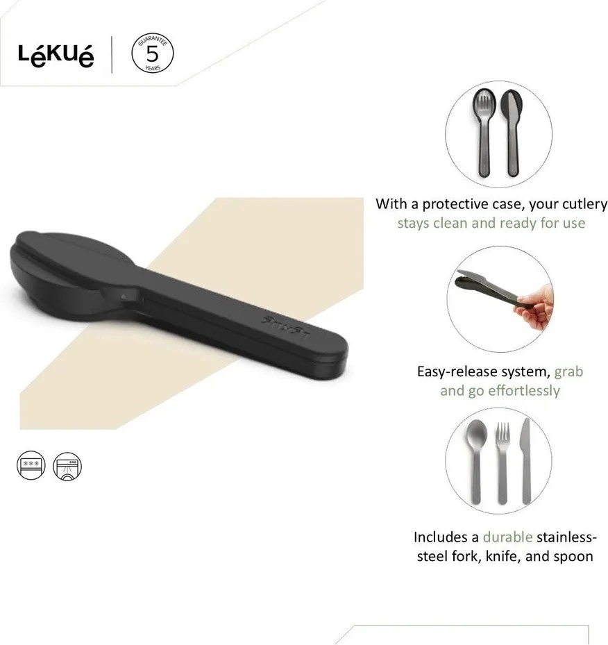 Set de tacâmuri de călătorie negru/argintiu din oțel inoxidabil 3 buc. To Go – Lékué