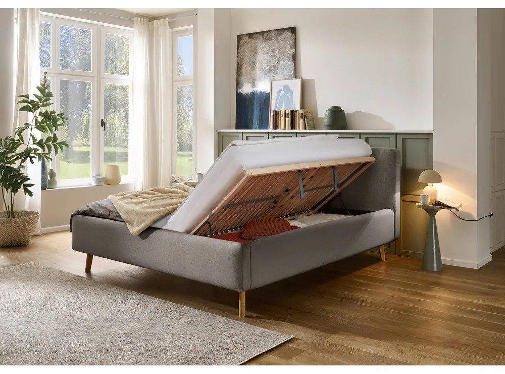 Pat matrimonial gri tapițat cu spațiu de depozitare cu somieră 180x200 cm Mattis – Meise Möbel